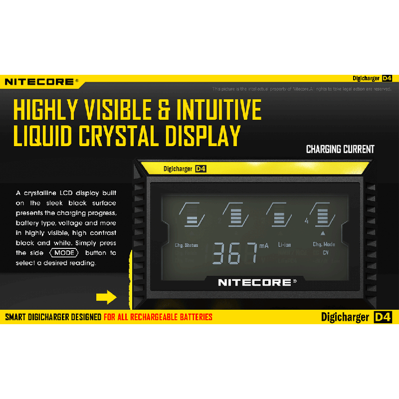 NITECORE D4 DELICHARGER LCD DISPLAY batteri oplader intelligent opladning Li-ion 18650 14500 26650 kompatibel
