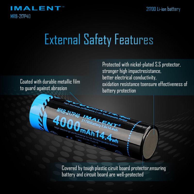 Imalent MRB-217P40 21700 batteri 4000mAh Type-C opladning ideel til lommelygter og elektroniske gadgets