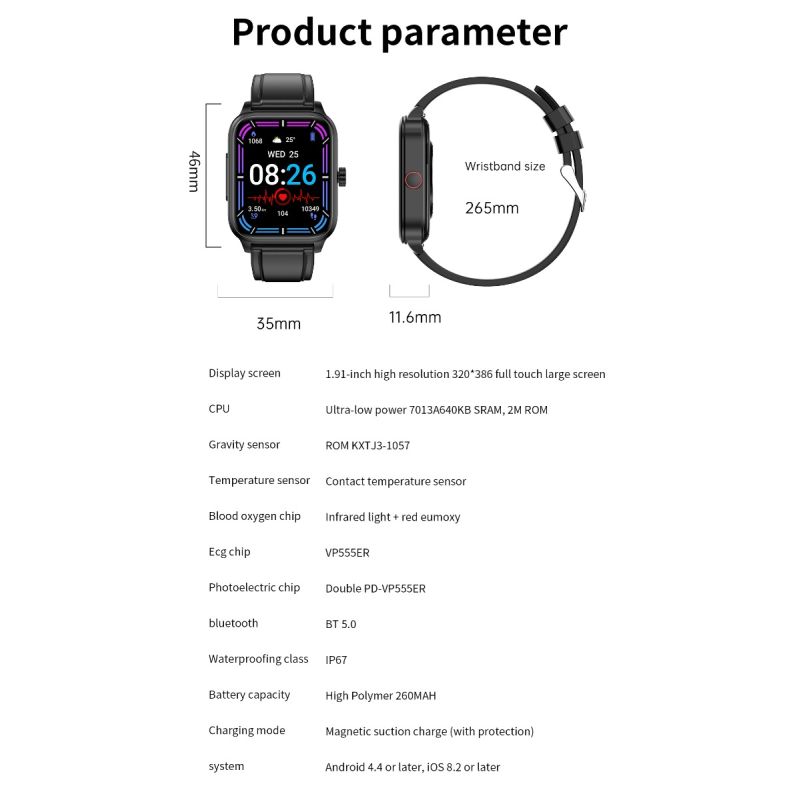ET540 Smartwatch: Fitness Tracker m. Blodsukker, EKG, Blodtryk, Puls, Temp & Bluetooth Opkald
