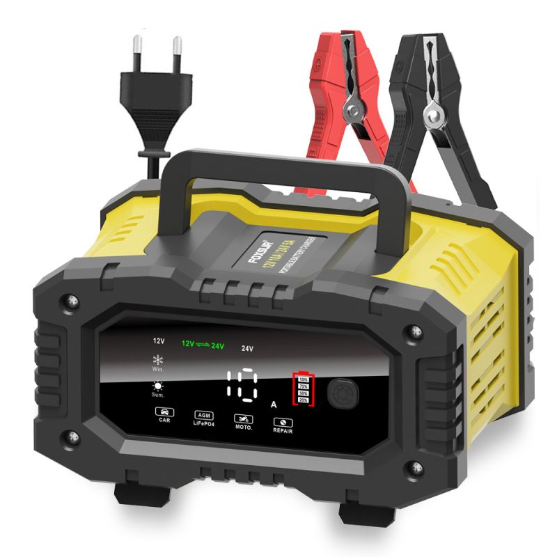 FOXSUR bærbar bilbatterioplader 12V/24V mikroprocessorstyring til motorcykel lastbil AGM LiFePO4 batterisundhed