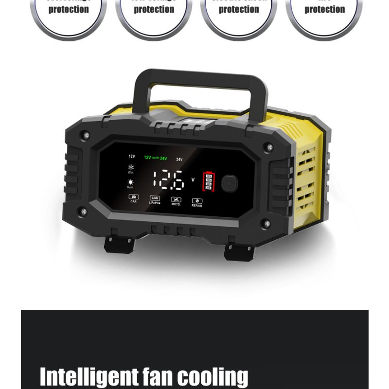 FOXSUR bærbar bilbatterioplader 12V/24V mikroprocessorstyring til motorcykel lastbil AGM LiFePO4 batterisundhed