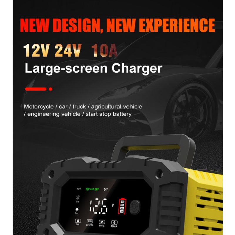 FOXSUR bærbar bilbatterioplader 12V/24V mikroprocessorstyring til motorcykel lastbil AGM LiFePO4 batterisundhed