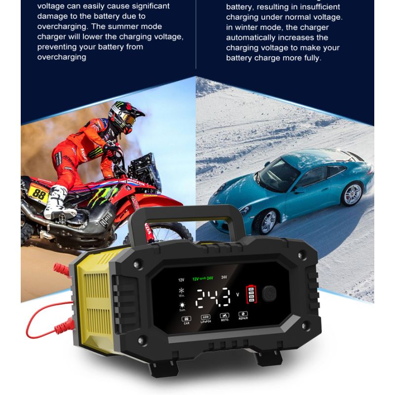 FOXSUR bærbar bilbatterioplader 12V/24V mikroprocessorstyring til motorcykel lastbil AGM LiFePO4 batterisundhed