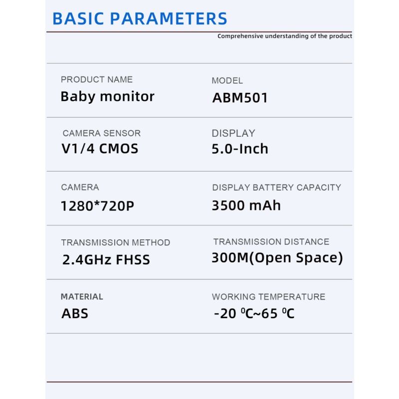 ABM501 video babyalarm 5,0 tommer LCD to-vejs lyd natvision bærbar 2,4G trådløs temperaturovervågning musik