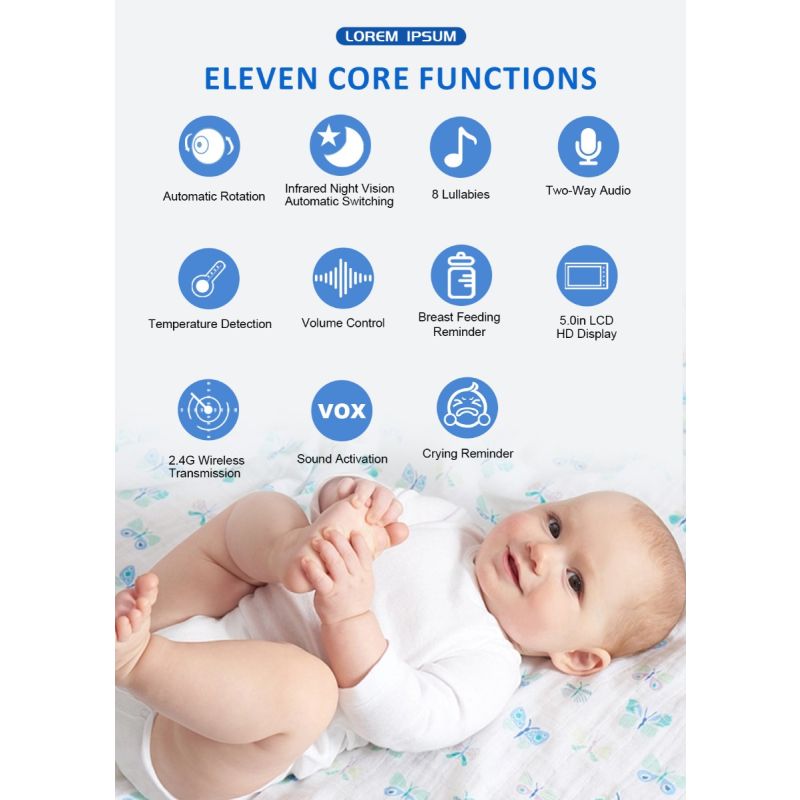 ABM501 video babyalarm 5,0 tommer LCD to-vejs lyd natvision bærbar 2,4G trådløs temperaturovervågning musik