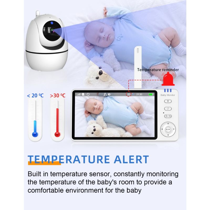 ABM501 video babyalarm 5,0 tommer LCD to-vejs lyd natvision bærbar 2,4G trådløs temperaturovervågning musik