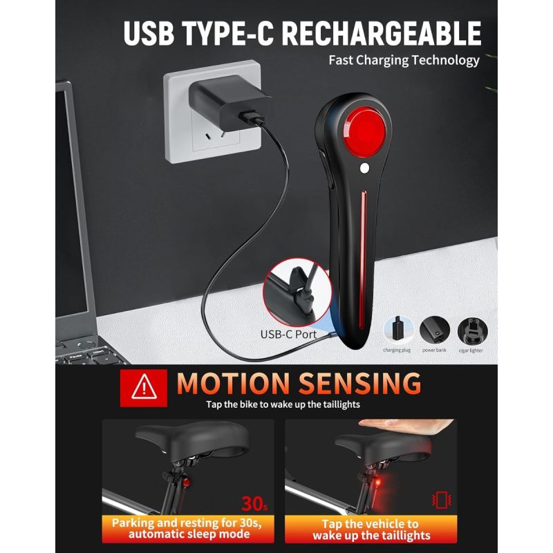 Smart USB-C Cykellygte: Super Lys & Genopladelig Baglygte til MTB/Racercykel, IP64 Vandtæt!