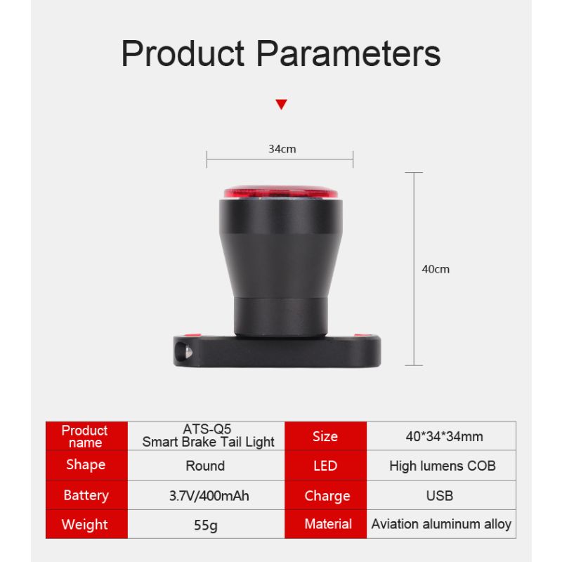 ANTUSI Q5 Smart Cykelbaglygte med Auto Start/Stop Bremsesensor IPx6 Vandtæt LED lyser op for Cykelsikkerhed