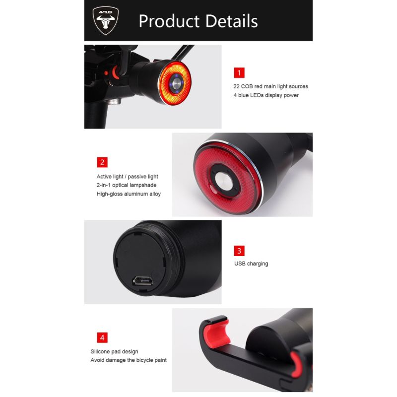 ANTUSI Q5 Smart Cykelbaglygte med Auto Start/Stop Bremsesensor IPx6 Vandtæt LED lyser op for Cykelsikkerhed