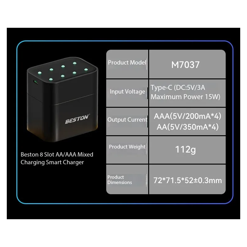 Beston Smart Batterioplader Sæt: 8 Slots AA/Li-ion, 1.5V 3600mWh. Hurtig Opladning til Kameraer & Gamepads