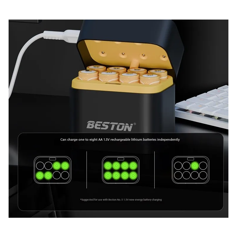 Beston Smart Batterioplader Sæt: 8 Slots AA/Li-ion, 1.5V 3600mWh. Hurtig Opladning til Kameraer & Gamepads