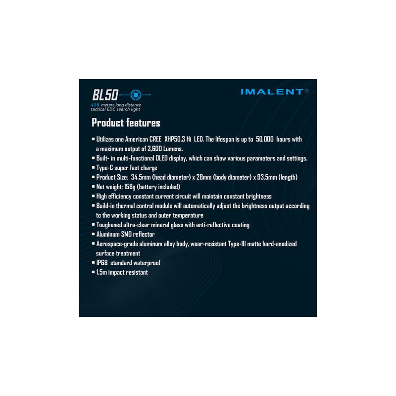 IMALENT BL50 3600 Lumens Type-C Genopladelig LED Lommelygte til Udendørseventyr Kompakt Design og OLED Display