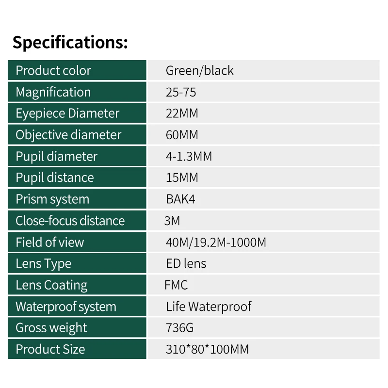 25-75x60 ED Spottingskop | Monokulært Bak4 Prisme Teleskop til Fuglekiggeri & Natur | Vandtæt & Fotosynkronisering