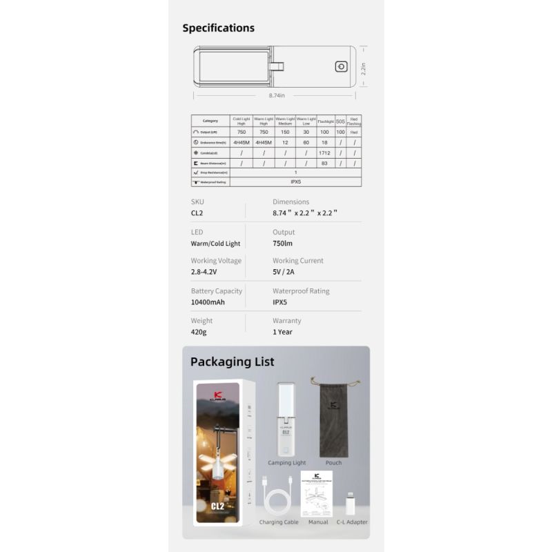 Klarus CL2 750 Lumen fritfoldelig campinglygte med øjenplejende 90-graders justerbare pærer og 7 lystilstande