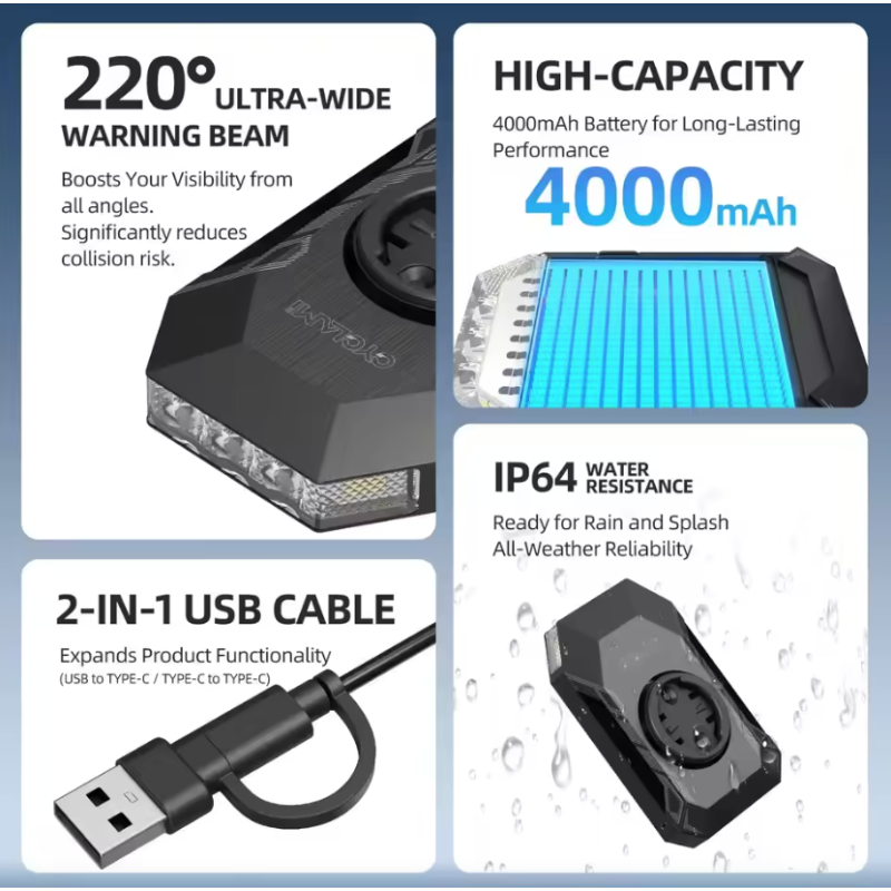 CYCLAMI CL350 Cykellygte: 4000mAh, Type-C Opladning, Frontlys & Powerbank til Sikker Cykling