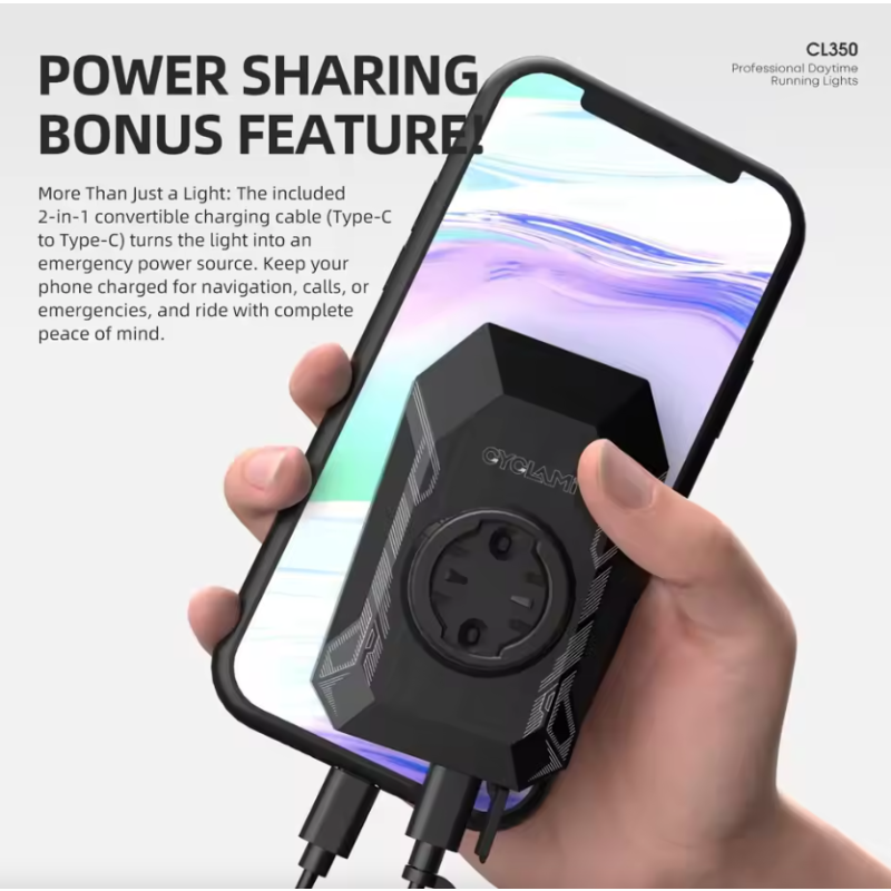 CYCLAMI CL350 Cykellygte: 4000mAh, Type-C Opladning, Frontlys & Powerbank til Sikker Cykling