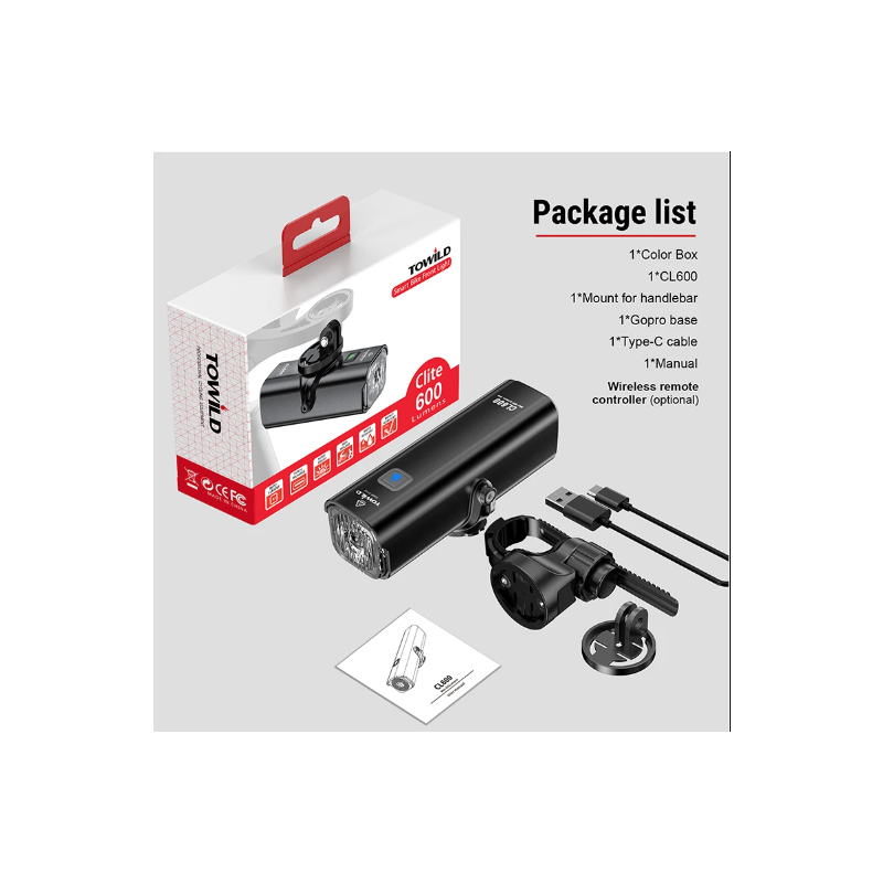 TOWILD CL600 LED Cykellygte Forlygte USB Genopladelig 2000mAh Vandtæt Cykelsikkerhed til Bycykling og Skovstier