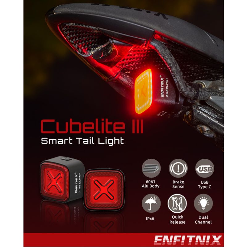 Enfitnix Cubelite III Smart baglygte med USB-opladning 30 lumen LED og IPX6 cykelsikkerhed cykeltilbehør
