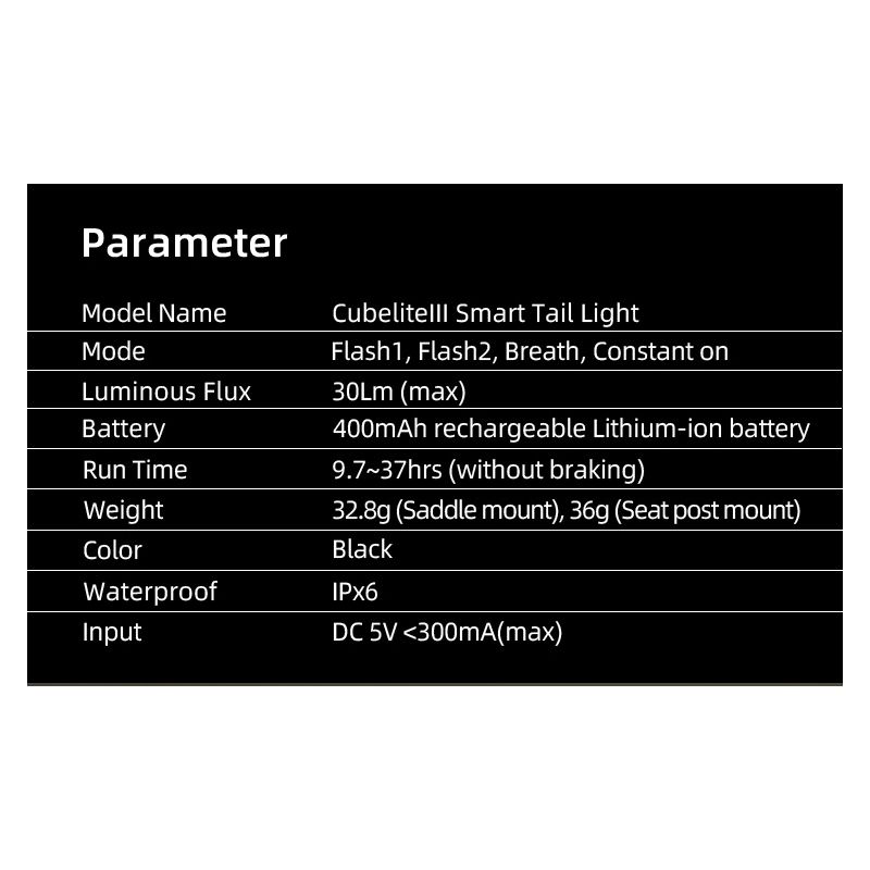 Enfitnix Cubelite III Smart baglygte med USB-opladning 30 lumen LED og IPX6 cykelsikkerhed cykeltilbehør