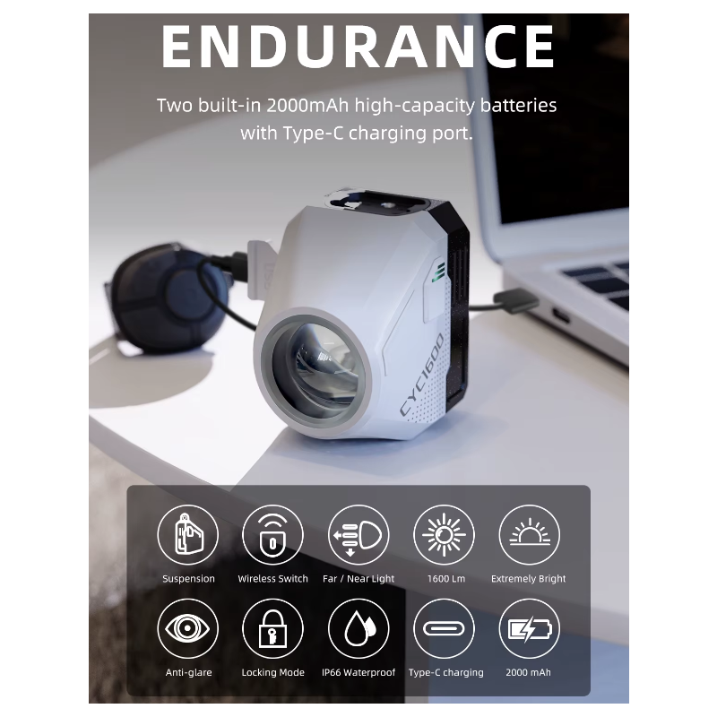 Hængende Cut-off Kabel Cykel Forlygter 1600LM Trådløs Forlygte med Høj Lysstyrke til Natkørsel og Cykelsikkerhed