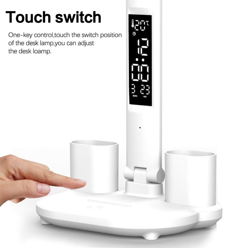 LED skrivebordslampe med kalender USB touch natlys penneholder øjenbeskyttelse justerbar lysstyrke soveværelseslampe
