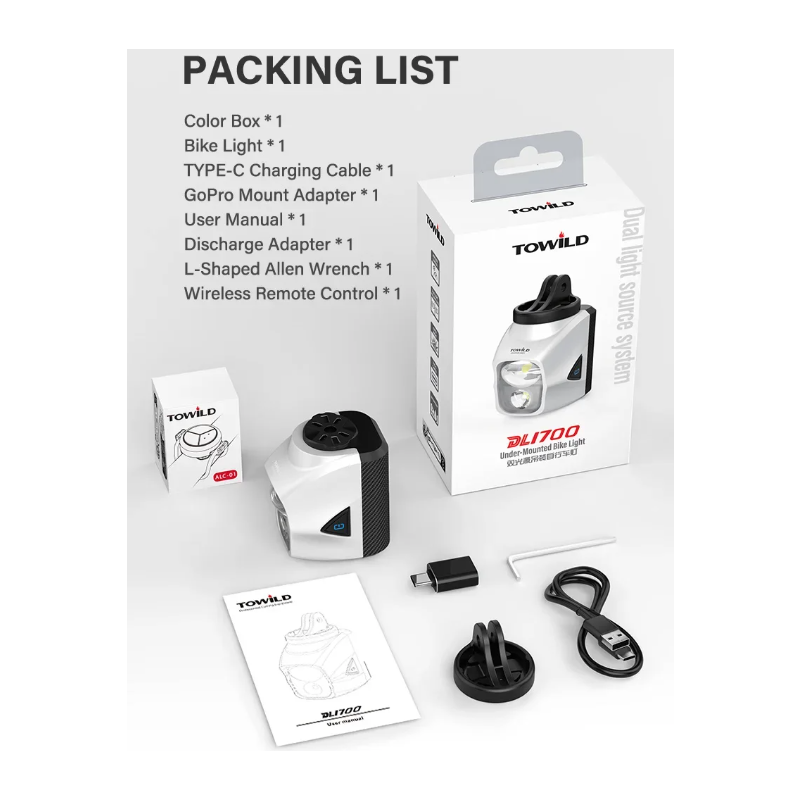 TOWILD DLite 1700 USB genopladelig cykellygte: Kraftig forlygte, 1700 lumen & vandtæt for sikker cykling.