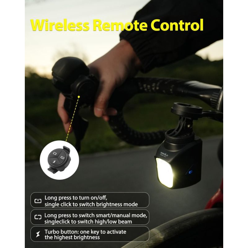 TOWILD DLite 1700 USB genopladelig cykellygte: Kraftig forlygte, 1700 lumen & vandtæt for sikker cykling.