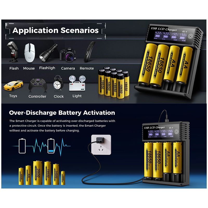 USB batteri smart oplader med LCD display til 18650 3,7V genopladelige og Ni-MH AA AAA batterier