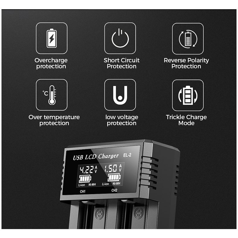 USB batteri smart oplader med LCD display til 18650 3,7V genopladelige og Ni-MH AA AAA batterier