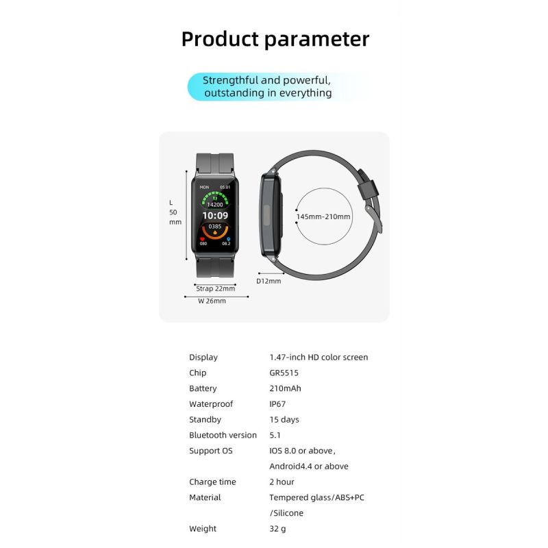 EP01 Blodglukose Sukker Smart Watch - EKG, HRV, puls, temp. 1,47