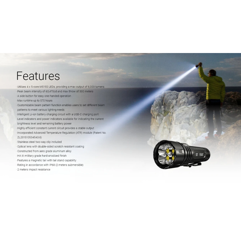 Nitecore EX7 6000 Lumen USB-C Genopladelig Lommelygte - Kraftig & Robust