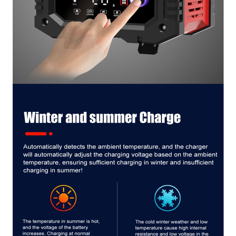FOXSUR 20A bærbar bilbatterioplader 7-trins opladning 12V 24V AGM LiFePO4 multi-batteri kompatibilitet