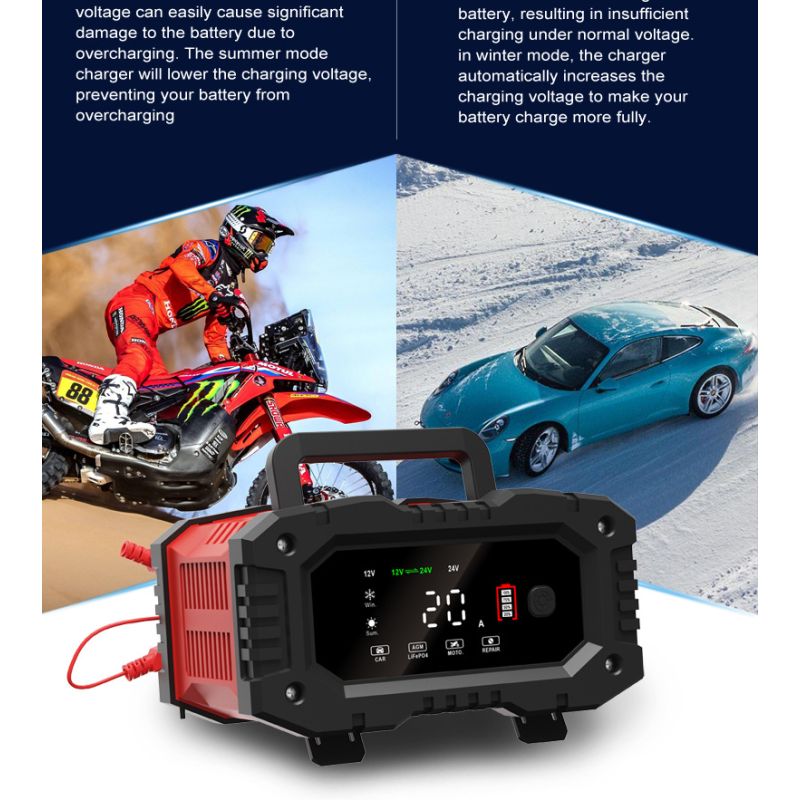 FOXSUR 20A bærbar bilbatterioplader 7-trins opladning 12V 24V AGM LiFePO4 multi-batteri kompatibilitet