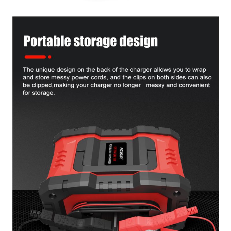 FOXSUR 20A bærbar bilbatterioplader 7-trins opladning 12V 24V AGM LiFePO4 multi-batteri kompatibilitet