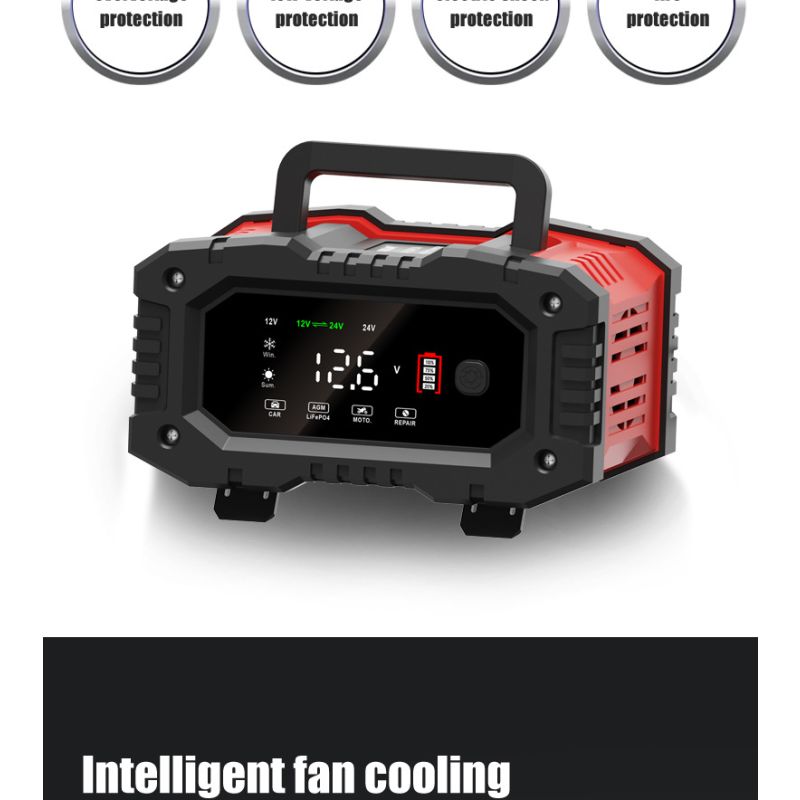 FOXSUR 20A bærbar bilbatterioplader 7-trins opladning 12V 24V AGM LiFePO4 multi-batteri kompatibilitet