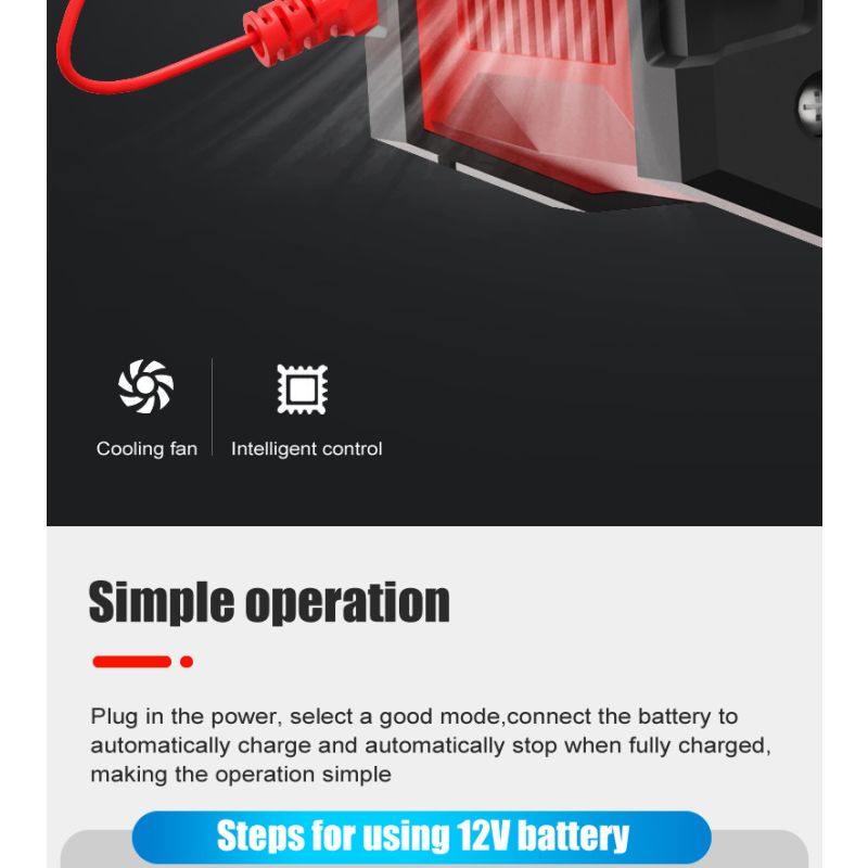 FOXSUR 20A bærbar bilbatterioplader 7-trins opladning 12V 24V AGM LiFePO4 multi-batteri kompatibilitet