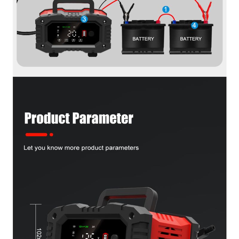 FOXSUR 20A bærbar bilbatterioplader 7-trins opladning 12V 24V AGM LiFePO4 multi-batteri kompatibilitet