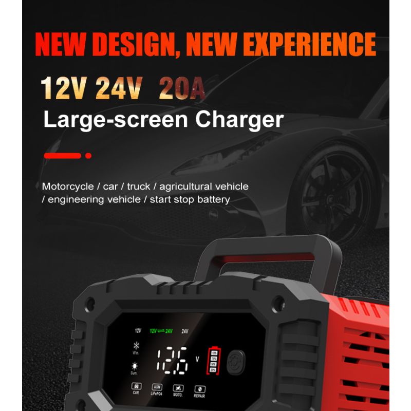 FOXSUR 20A bærbar bilbatterioplader 7-trins opladning 12V 24V AGM LiFePO4 multi-batteri kompatibilitet