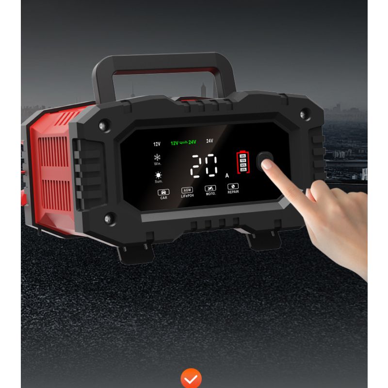FOXSUR 20A bærbar bilbatterioplader 7-trins opladning 12V 24V AGM LiFePO4 multi-batteri kompatibilitet