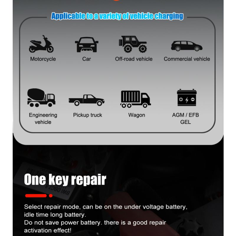 FOXSUR 20A bærbar bilbatterioplader 7-trins opladning 12V 24V AGM LiFePO4 multi-batteri kompatibilitet