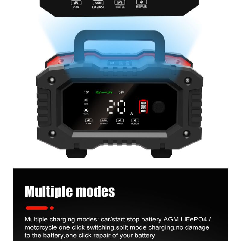 FOXSUR 20A bærbar bilbatterioplader 7-trins opladning 12V 24V AGM LiFePO4 multi-batteri kompatibilitet