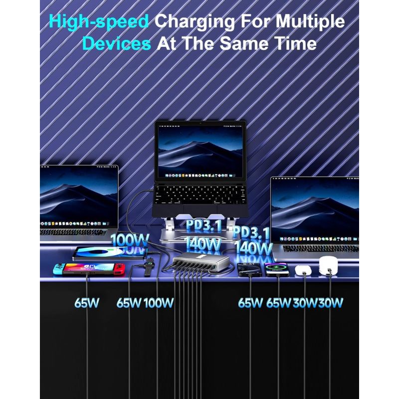 800W USB C Oplader, 10 Porte GaN III Pro 140W PD Ladestation til MacBook/iPhone