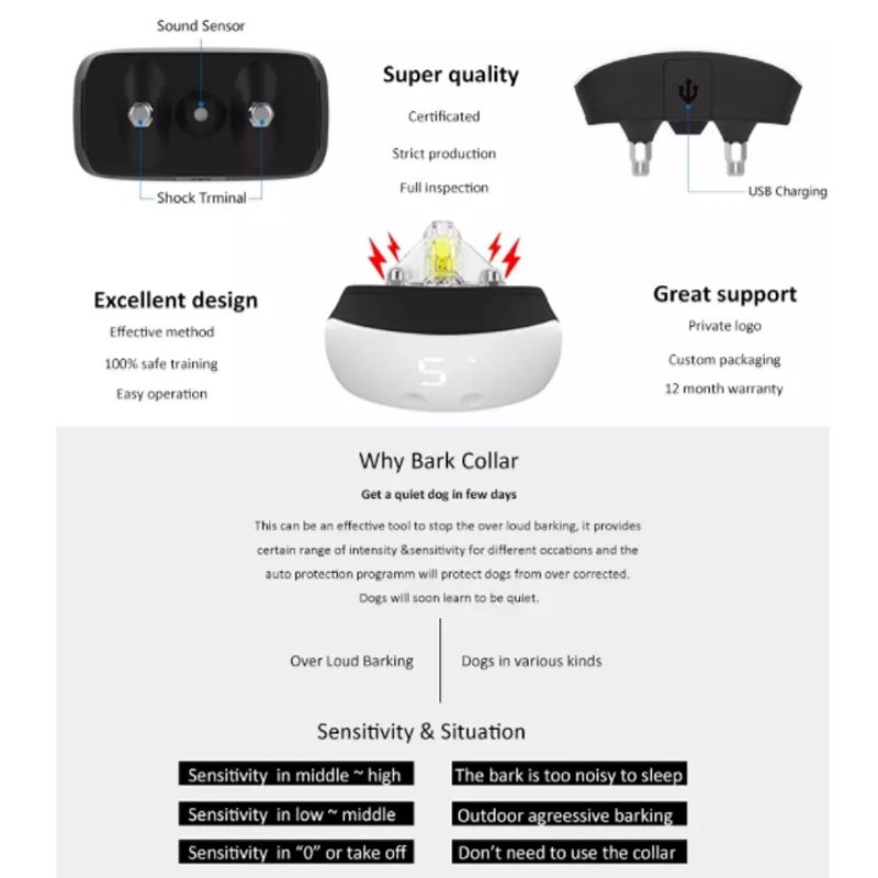 Bærbar IP67 vandtæt hund bark chok krave med justerbar intensitet effektivt kæledyrsudstyr til træning