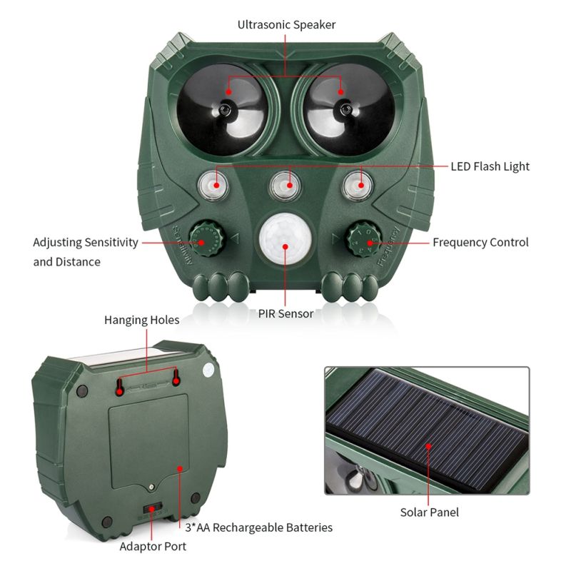 Dyrerepeller solcelledrevet vejrbestandig ultralydsrepellent human skadedyrskontrol udendørs havesikkerhed