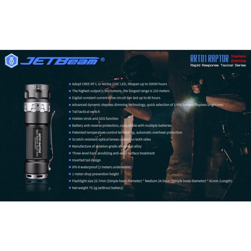 JETBeam JET-RRT01 XP-L 950 Lumen LED EDC lommelygte til udendørs eventyr og lang batterilevetid