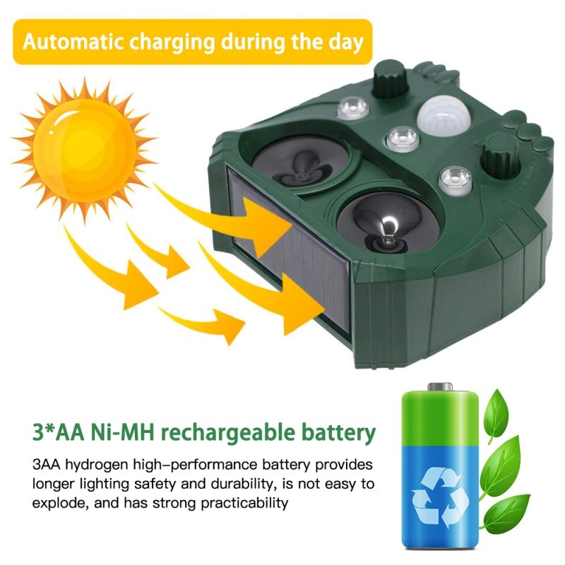 Dyrerepeller solcelledrevet vejrbestandig ultralydsrepellent human skadedyrskontrol udendørs havesikkerhed