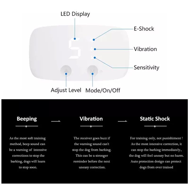 Bærbar IP67 vandtæt hund bark chok krave med justerbar intensitet effektivt kæledyrsudstyr til træning