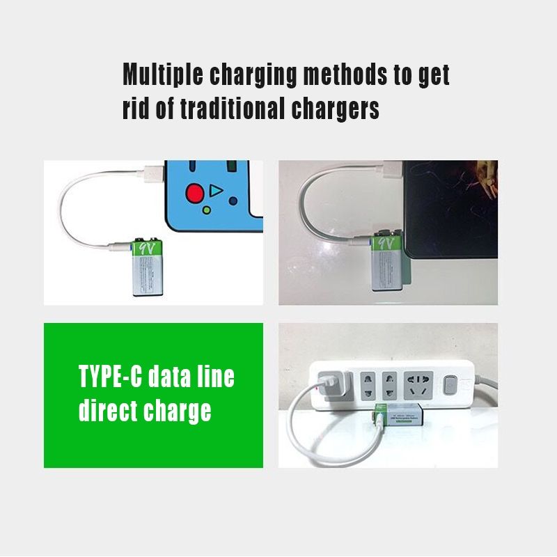 Miljøvenligt 9V 6F22 650mAh USB genopladeligt li-ion batteri til multimeter legetøj mikrofon og fjernbetjening