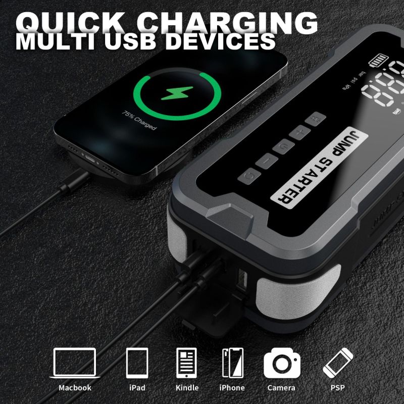 Jump Starter Power Bank Bærbar Oplader 2000A Spidsstrøm 8000mAh Til Bilbatteriproblemer Dækpumpning 150PSI