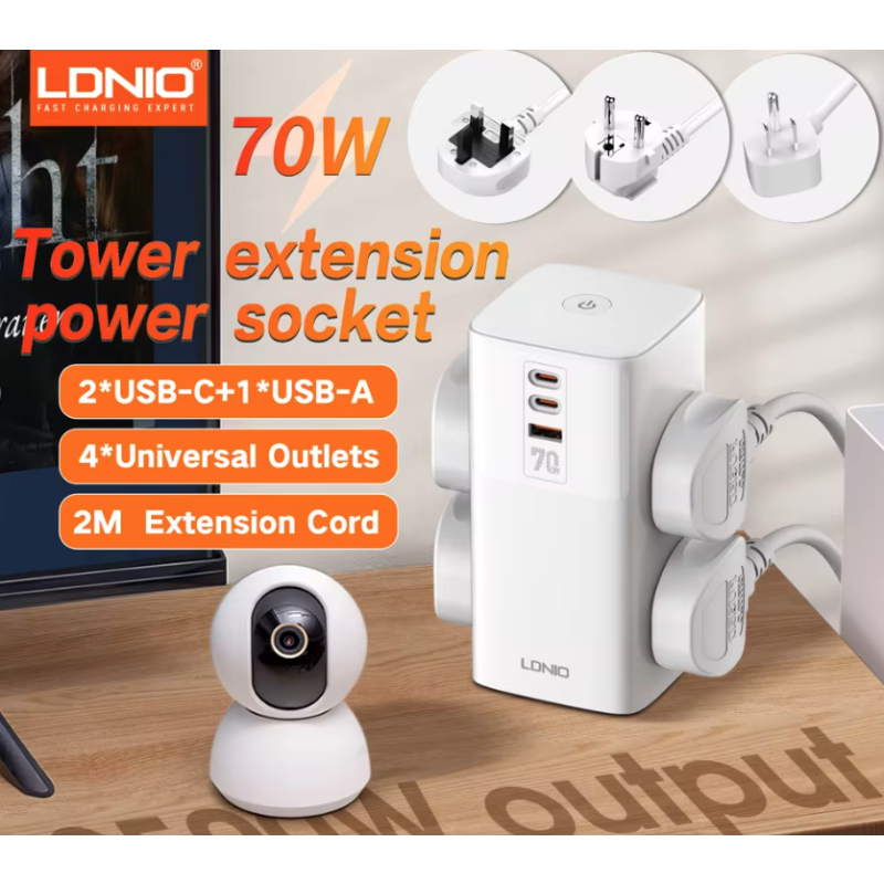 LDNIO Strømkube 70W Opladerstation | Multi-stik, USB-C/A | Universaladapter UK/US/EU | Hjemmekontor